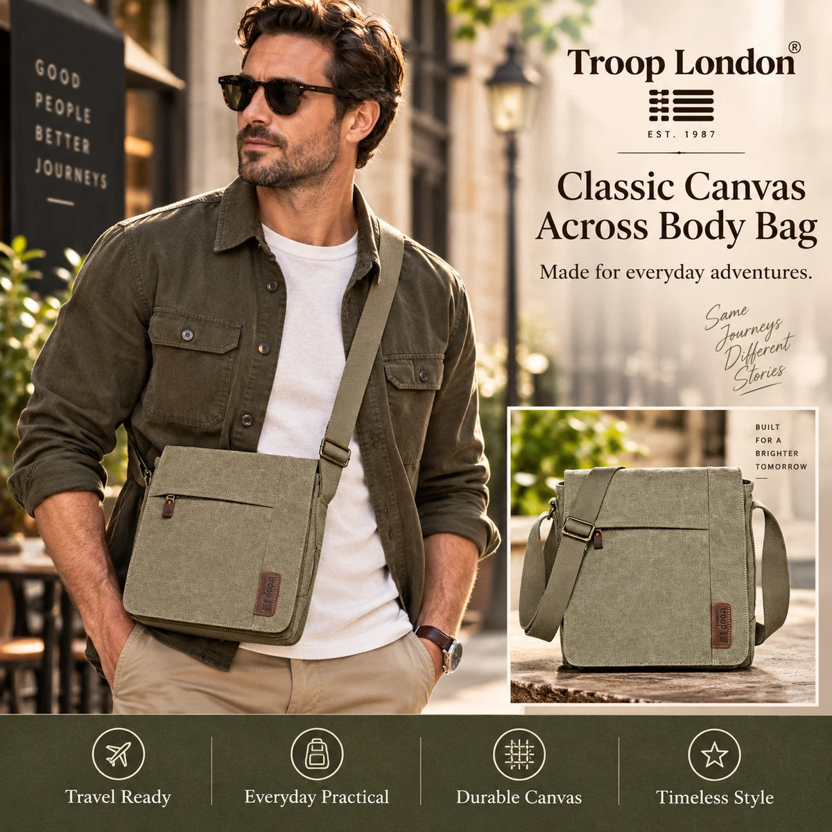 TROOP LONDON TRP0219 CLASSIC CANVAS CROSSBODY SHOULDER BAG KHAKI UNISEX