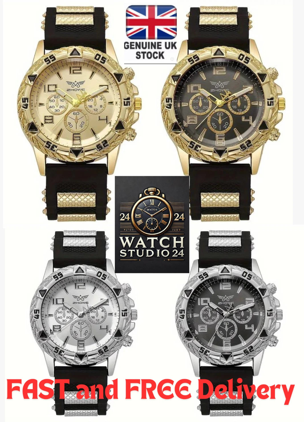 MEN'S FASHION BUSINESS WATCH CHUNKY BEZEL,QUARTZ,WHITE GOLD BLACK SILVER, UK