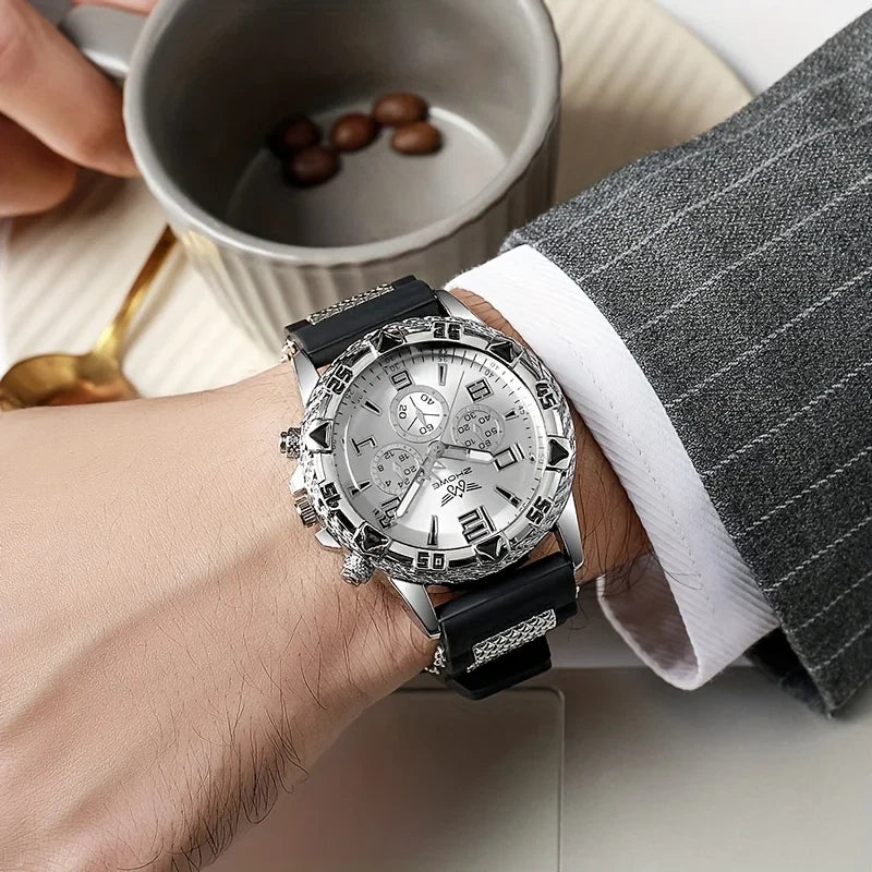 MEN'S FASHION BUSINESS WATCH CHUNKY BEZEL,QUARTZ,WHITE GOLD BLACK SILVER, UK