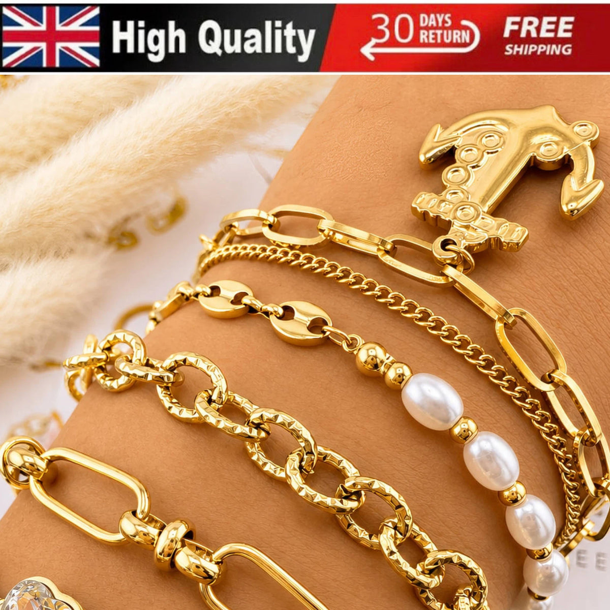 NEW 18K GOLD PLATED TITANIUM STEEL ANCHOR CHARM BRACELET WATERPROOF HER GIFT UK