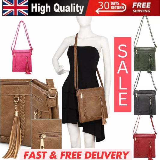 BOUTIQUE VEGAN LEATHER CROSSBODY BAG WOMEN'S TASSELS SHOULDER HANDBAG UK STOCK
