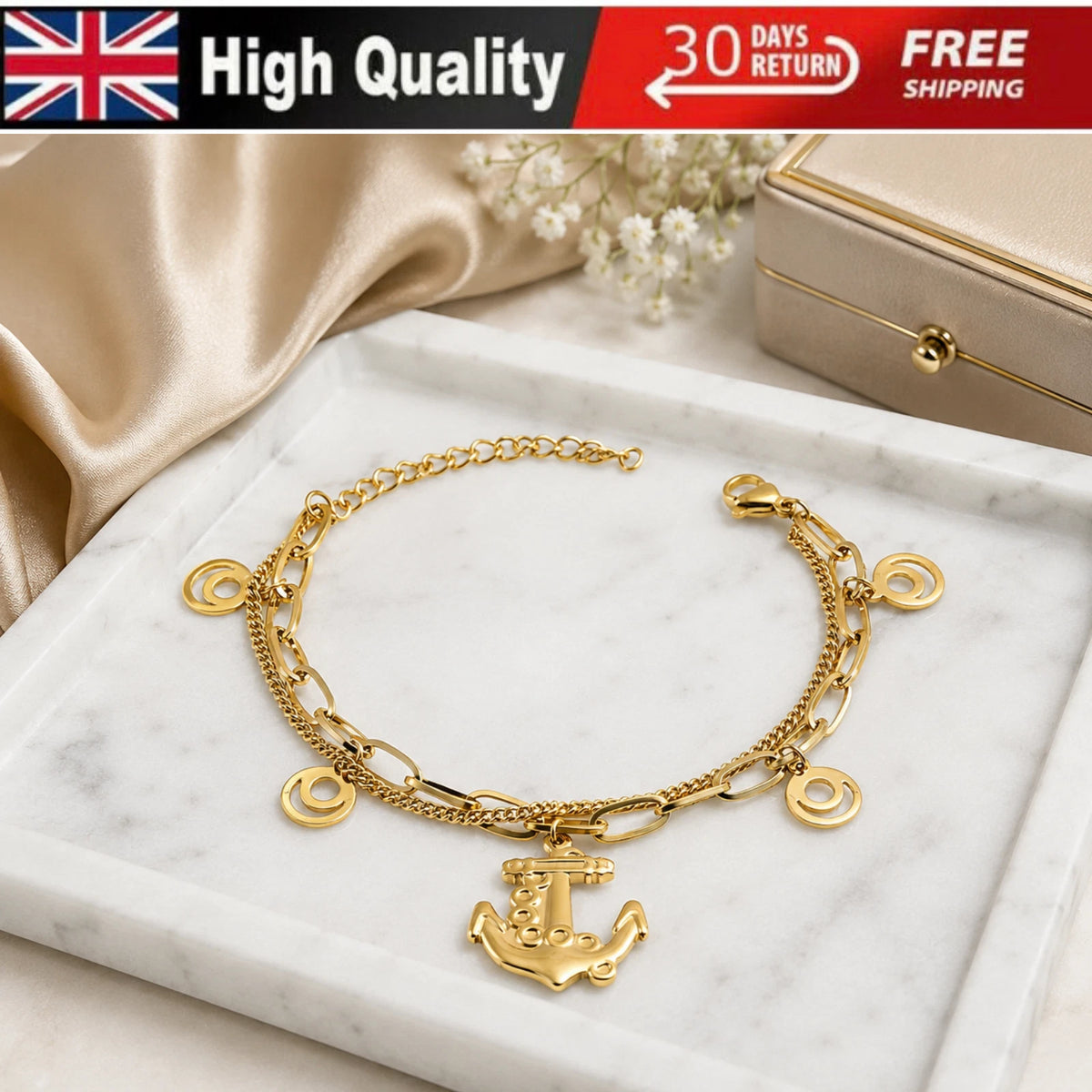 NEW 18K GOLD PLATED TITANIUM STEEL ANCHOR CHARM BRACELET WATERPROOF HER GIFT UK