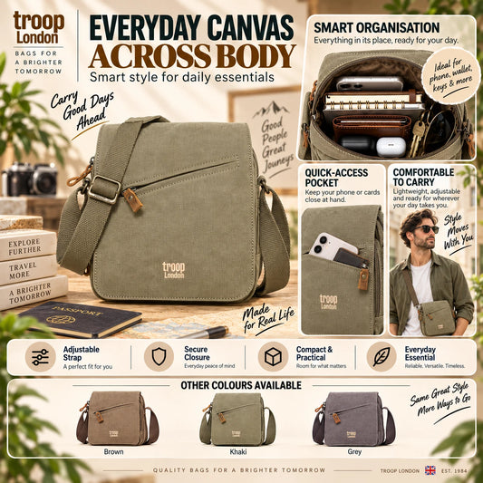 TROOP  LONDON TRP0238 CLASSIC CANVAS CROSSBODY SHOULDER BAG UNISEX GIFT
