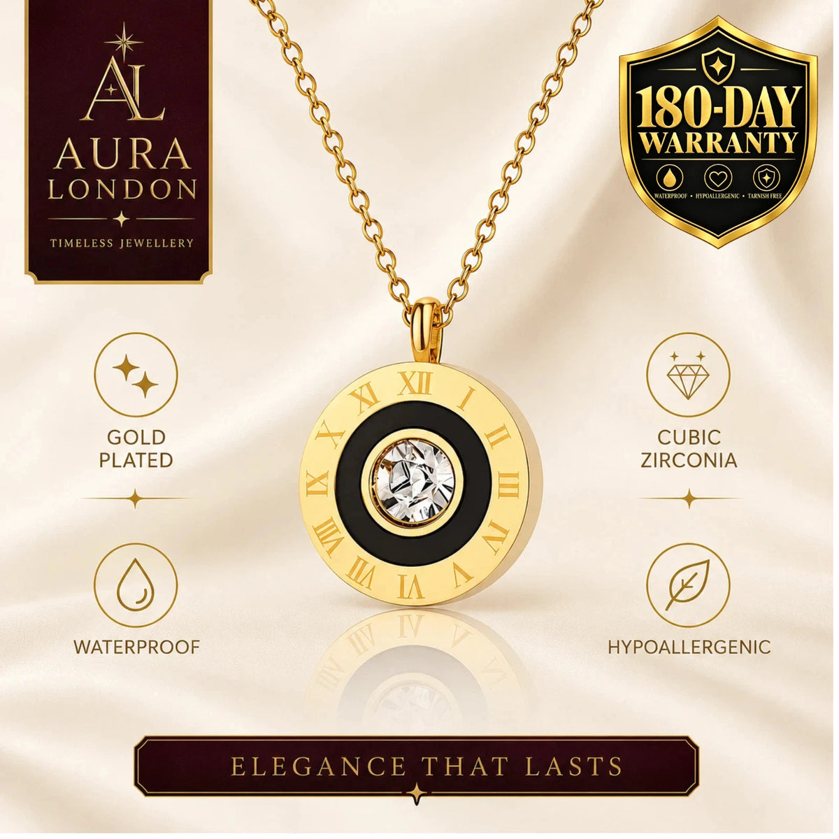 18K GOLD PLATED TITANIUM STEEL ROMAN NUMERAL CZ NECKLACE LADIES ANTI TARNISH UK