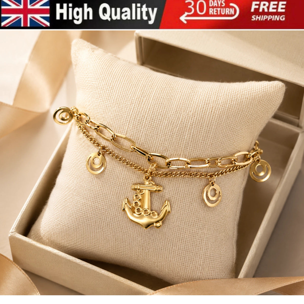 NEW 18K GOLD PLATED TITANIUM STEEL ANCHOR CHARM BRACELET WATERPROOF HER GIFT UK