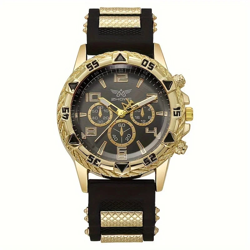 MEN'S FASHION BUSINESS WATCH CHUNKY BEZEL,QUARTZ,WHITE GOLD BLACK SILVER, UK
