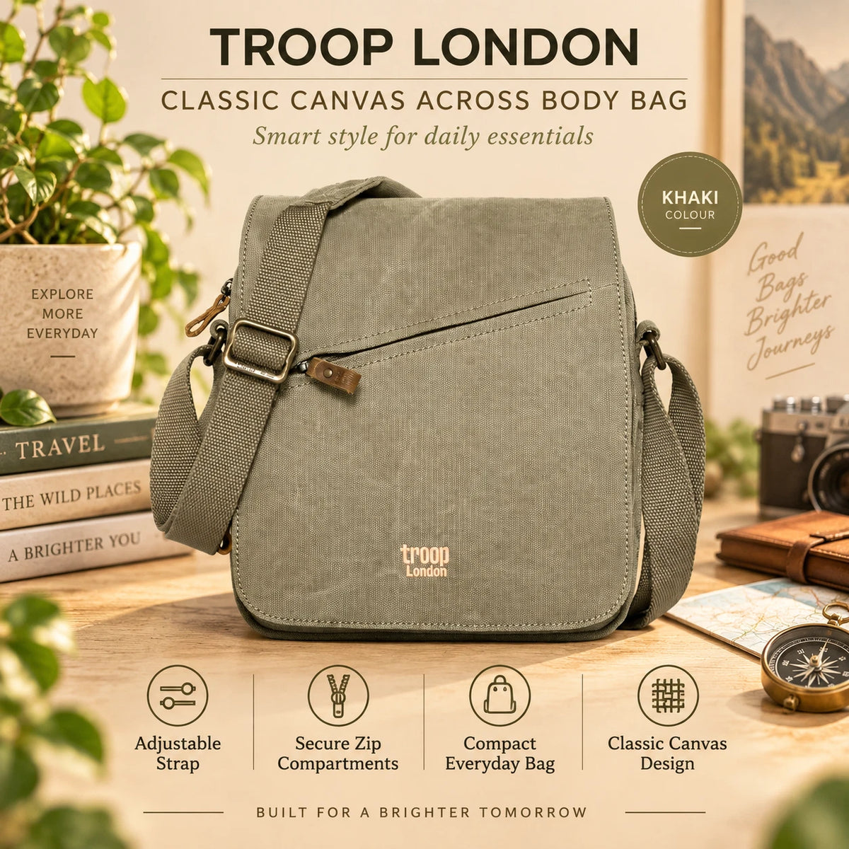 TROOP  LONDON TRP0238 CLASSIC CANVAS CROSSBODY SHOULDER BAG UNISEX GIFT