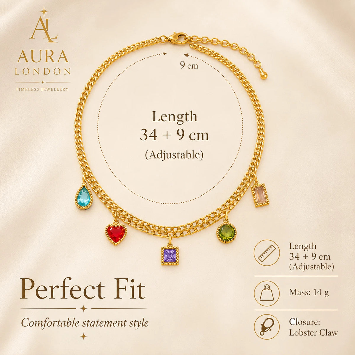 18K GOLD PLATED TITANIUM STEEL MULTICOLOUR CZ CHARM NECKLACE LADIES HER GIFT UK