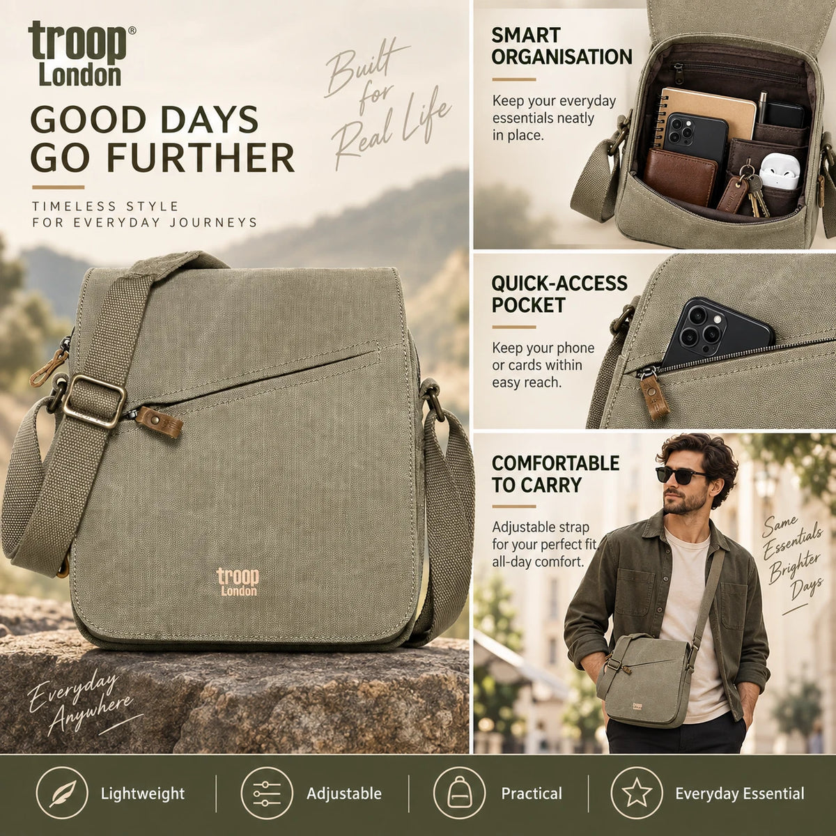 TROOP  LONDON TRP0238 CLASSIC CANVAS CROSSBODY SHOULDER BAG UNISEX GIFT