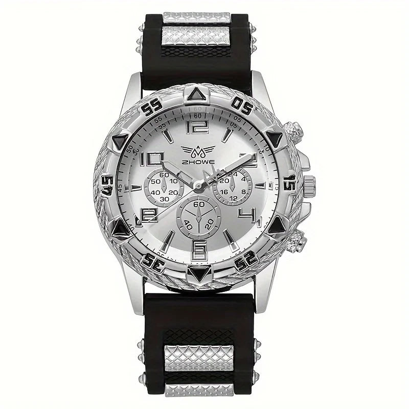MEN'S FASHION BUSINESS WATCH CHUNKY BEZEL,QUARTZ,WHITE GOLD BLACK SILVER, UK