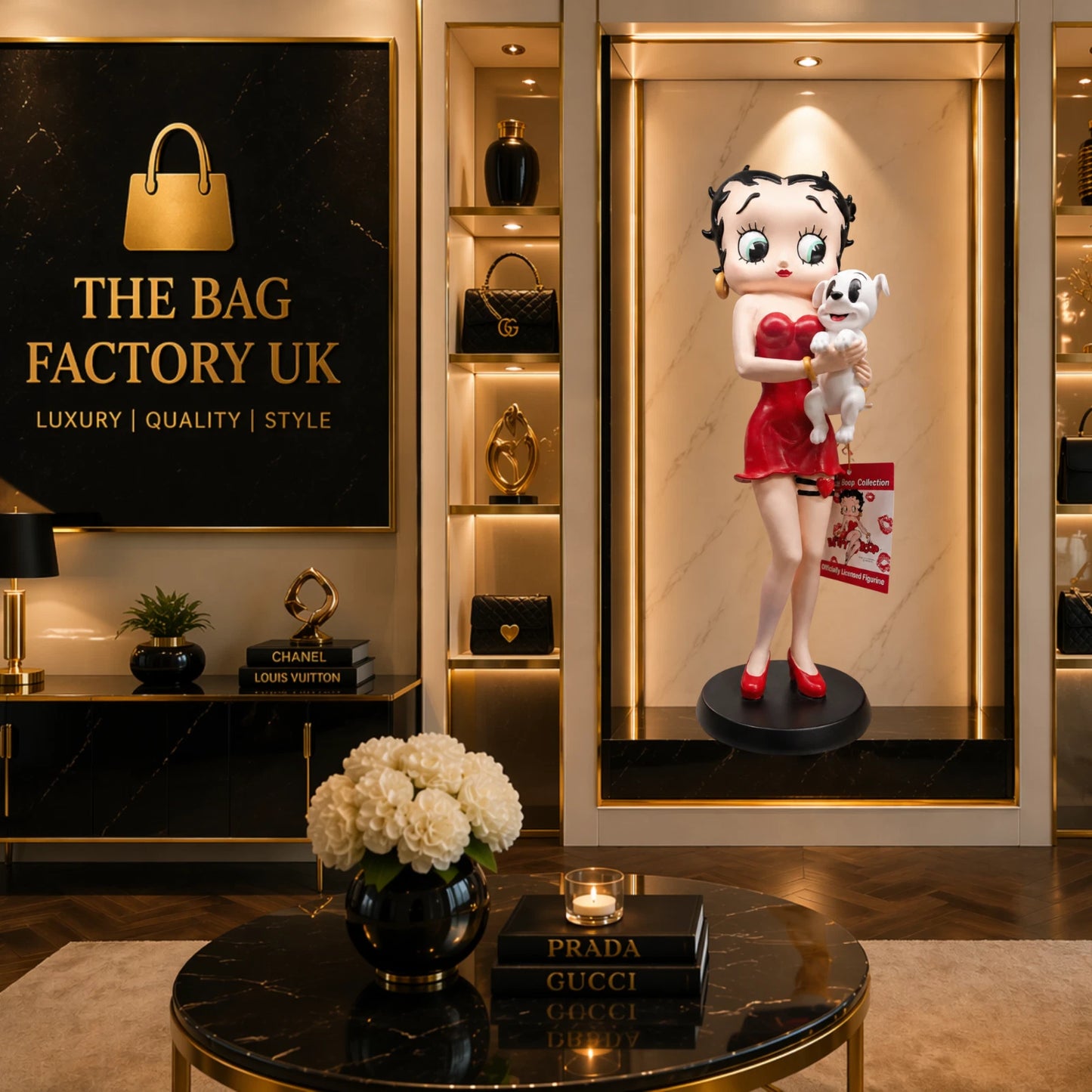 BETTY BOOP RED DRESS FIGURINE HOLDING DOG GARTER COLLECTIBLE ORNAMENT VINTAGE UK STOCK