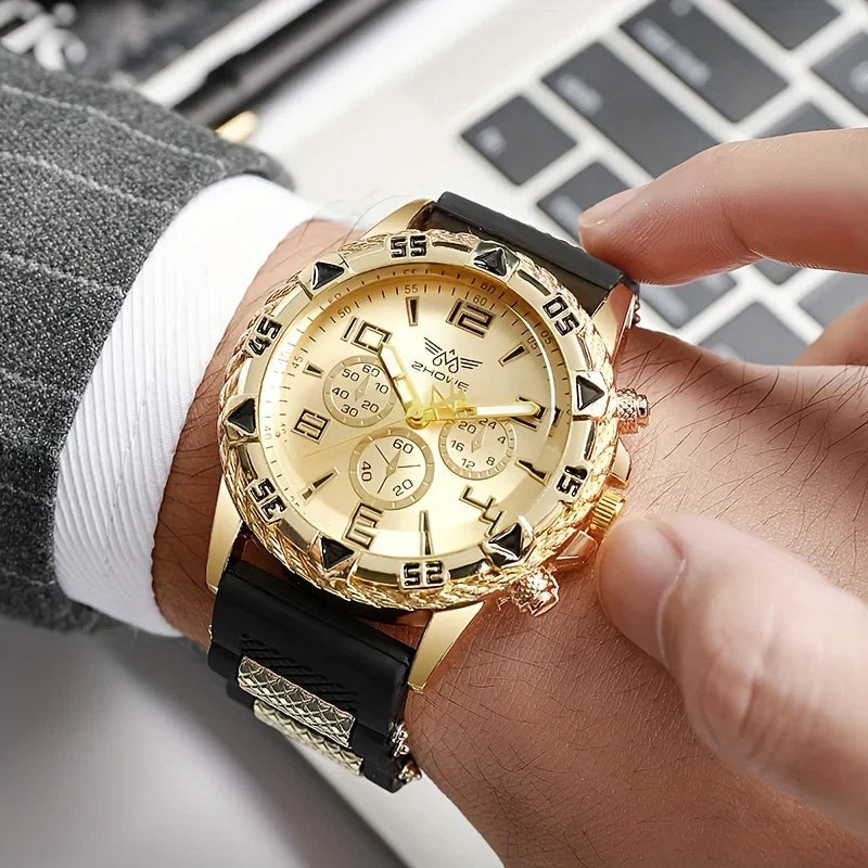MEN'S FASHION BUSINESS WATCH CHUNKY BEZEL,QUARTZ,WHITE GOLD BLACK SILVER, UK