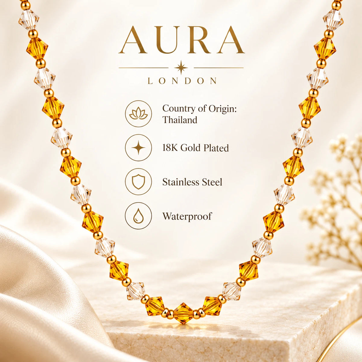 18K GOLD PLATED TITANIUM STEEL AMBER CLEAR BEADED NECKLACE WATERPROOF LADIES UK