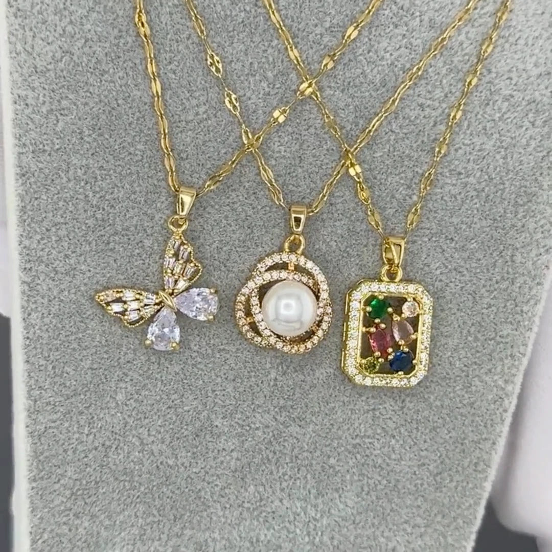 18K GOLD PLATED PEARL HALO CZ PENDANT NECKLACE TITANIUM STEEL ANTI TARNISH GIRLS