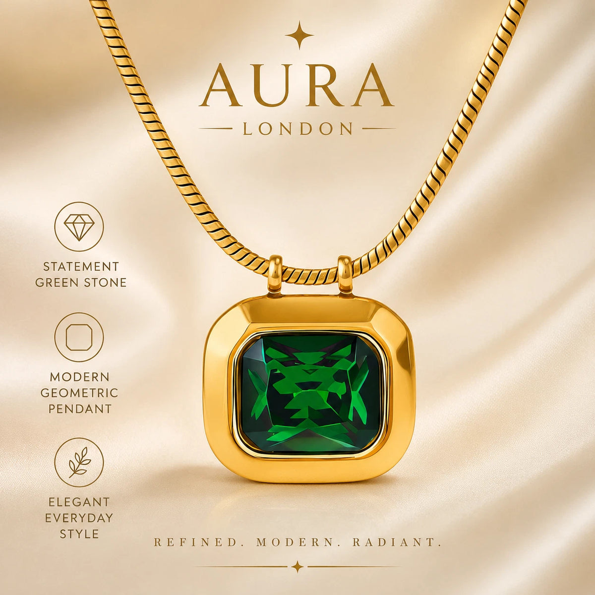 18K GOLD PLATED TITANIUM STEEL GREEN CZ PENDANT NECKLACE WATERPROOF LADIES GIFT
