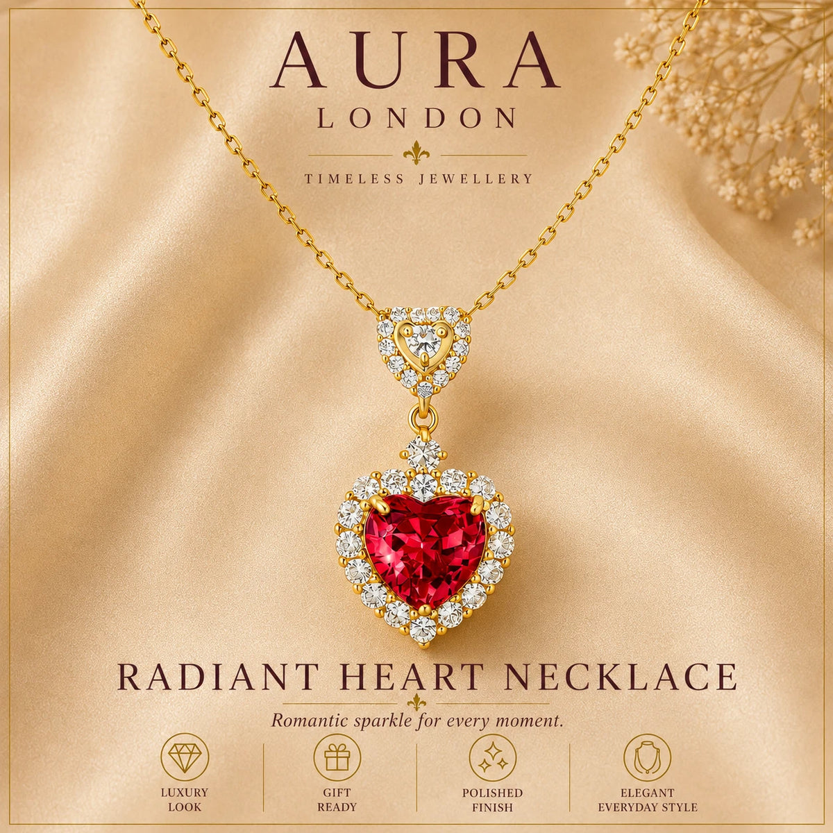 18K GOLD PLATED TITANIUM STEEL LADIES HEART CZ NECKLACE WATERPROOF ROMANTIC GIFT