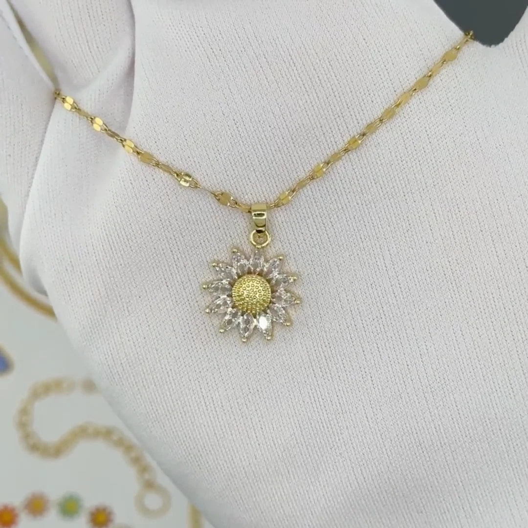 18K GOLD PLATED TITANIUM STEEL DAISY FLOWER CZ PENDANT NECKLACE WATERPROOF GIFT