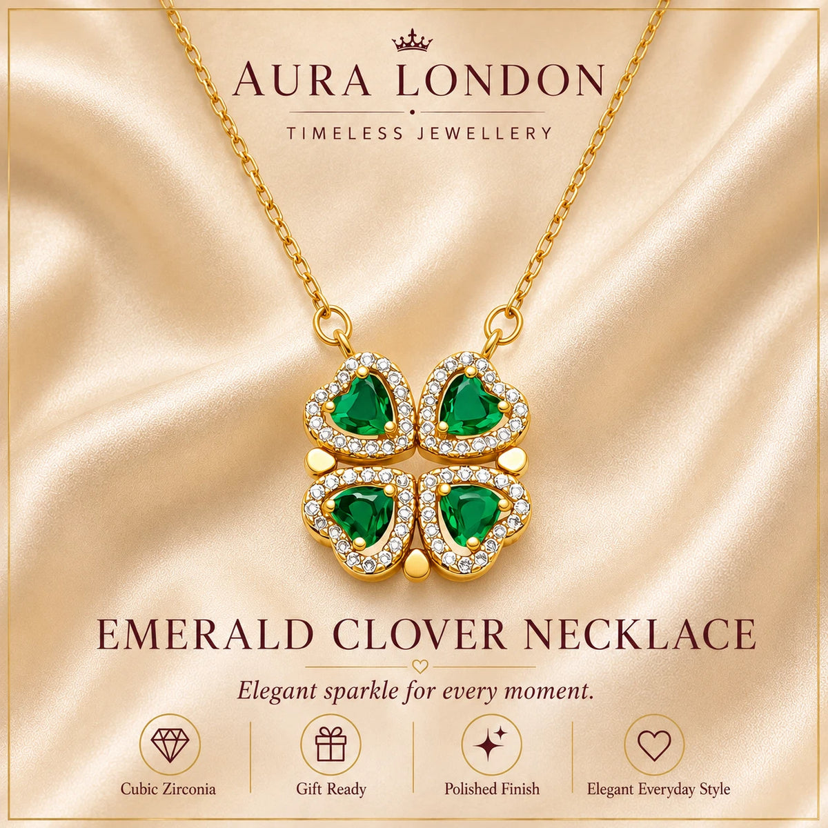 18K GOLD PLATED TITANIUM STEEL GREEN CLOVER CZ PENDANT NECKLACE WATERPROOF GIFT
