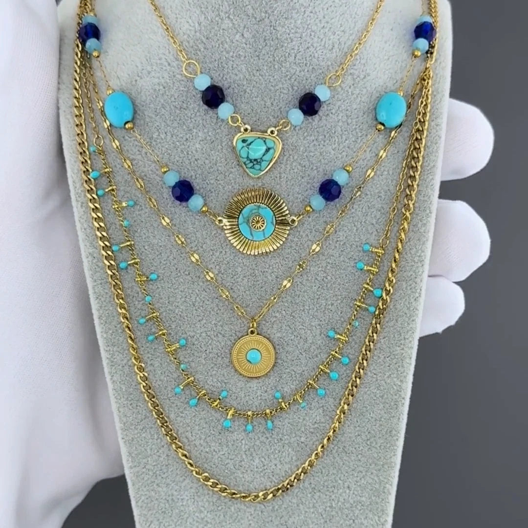 18K GOLD PLATED TITANIUM STEEL TURQUOISE LAYERED LADIES NECKLACE WATERPROOF UK