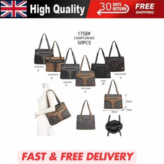 WOMEN'S VEGAN SOFT LEATHER CLASSIC HANDBAG SHOULDER BAG MULTIPOCKETS DURABLE UK STOCK