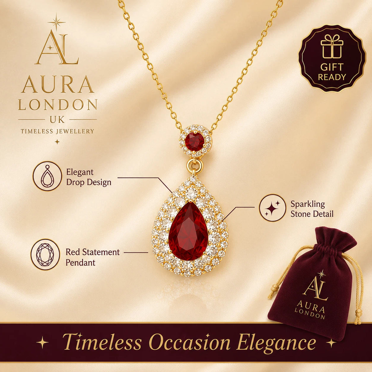 18K GOLD PLATED TITANIUM STEEL RED TEARDROP CZ PENDANT NECKLACE WATERPROOF GIFT