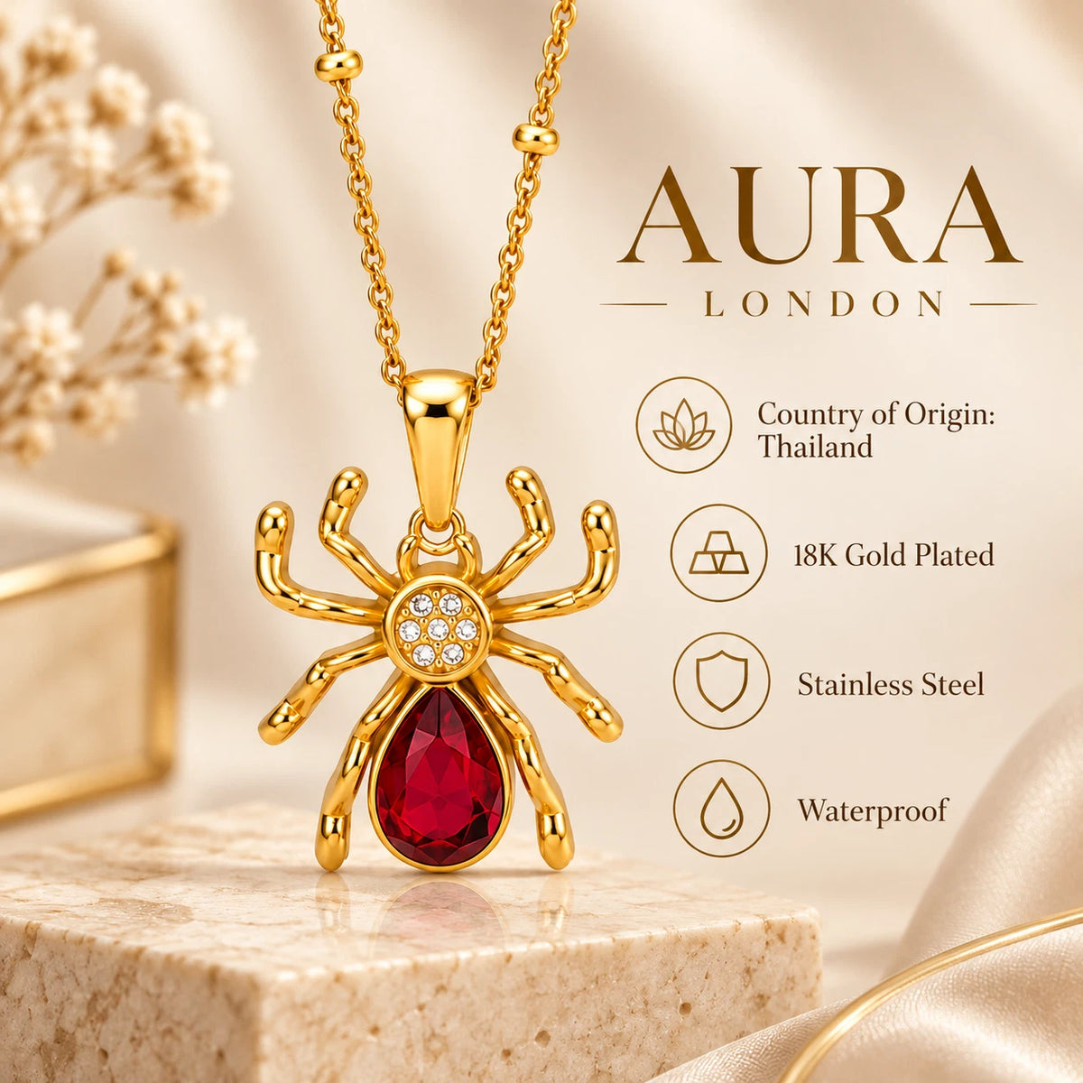 18K GOLD PLATED TITANIUM STEEL RED SPIDER NECKLACE WATERPROOF STATEMENT PENDANT