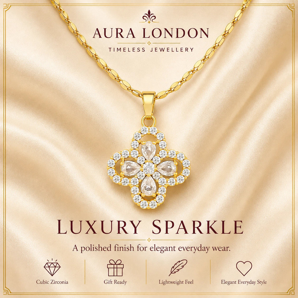 18K GOLD PLATED TITANIUM STEEL FLORAL CZ PENDANT NECKLACE WATERPROOF SPARKLY UK