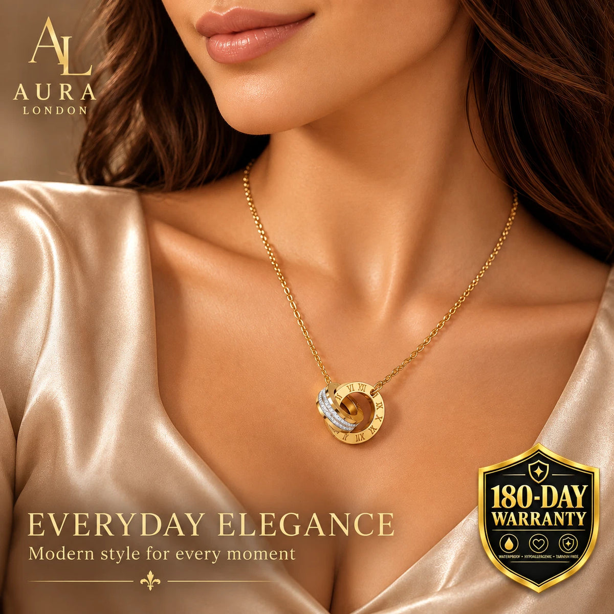 18K GOLD PLATED TITANIUM STEEL LADIES ROMAN NUMERAL DOUBLE RING CZ NECKLACE GIFT
