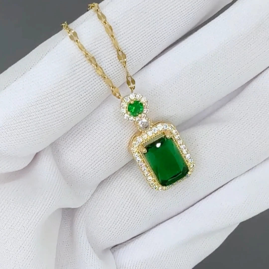 18K GOLD PLATED TITANIUM STEEL GREEN HALO CZ PENDANT NECKLACE LADIES WATERPROOF