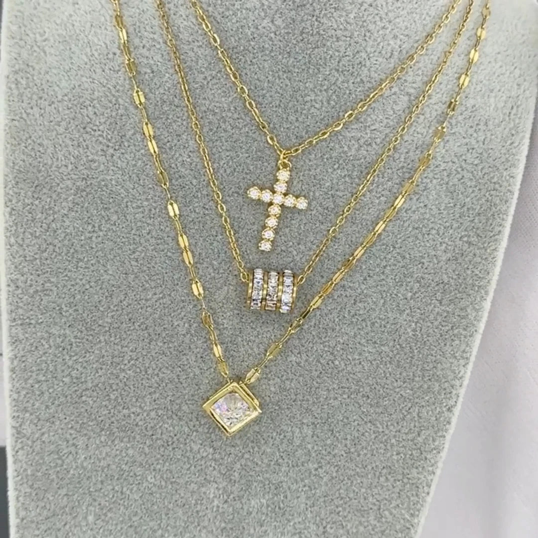 18K GOLD PLATED GEOMETRIC CUBE CZ PENDANT NECKLACE TITANIUM STEEL LADIES GIFT UK
