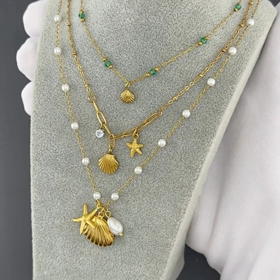 18K GOLD PLATED TITANIUM STEEL LADIES PEARL SHELL STARFISH NECKLACE WATERPROOF