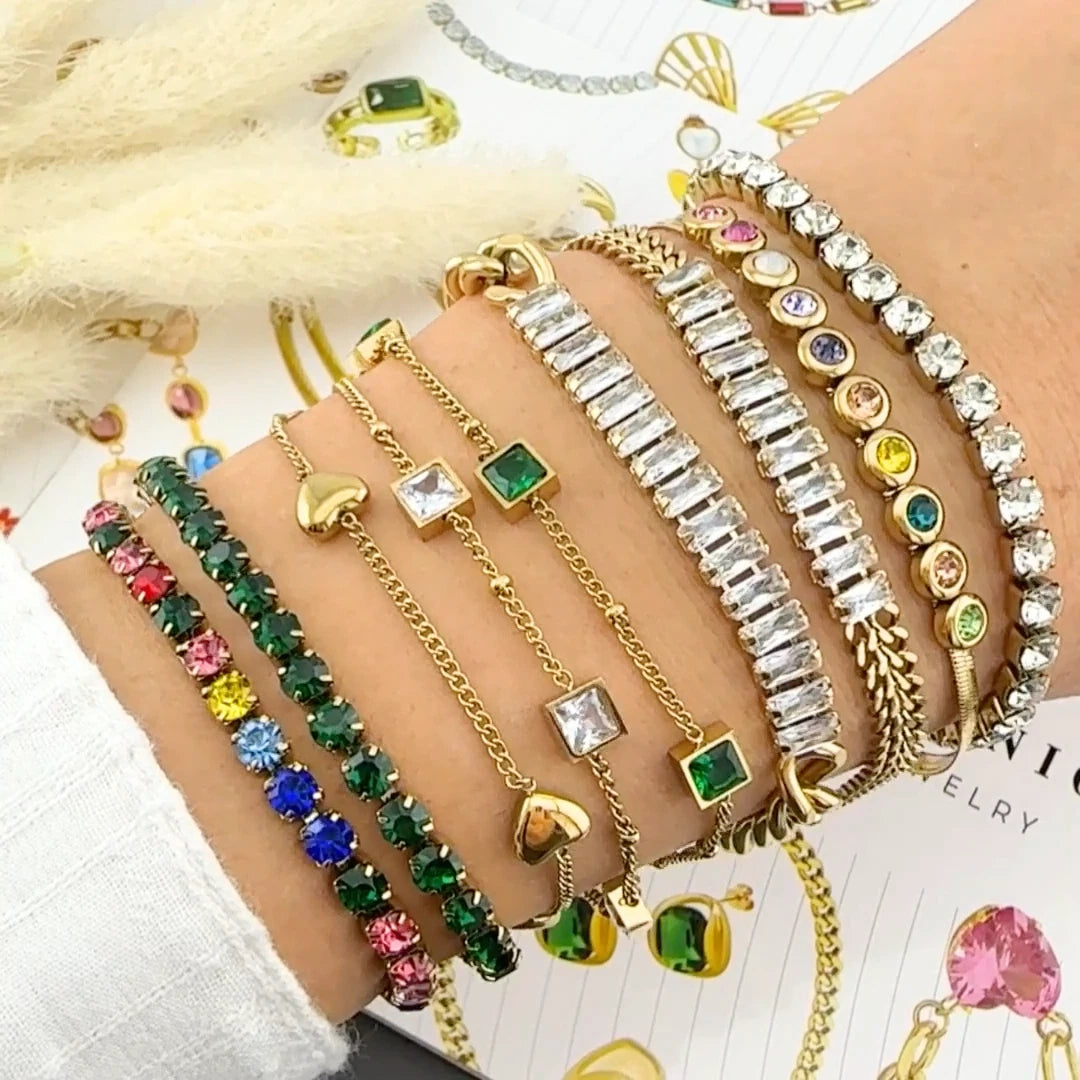 18K GOLD PLATED TITANIUM STEEL LADIES MULTICOLOUR CZ BRACELET ADJUSTABLE GIFT UK