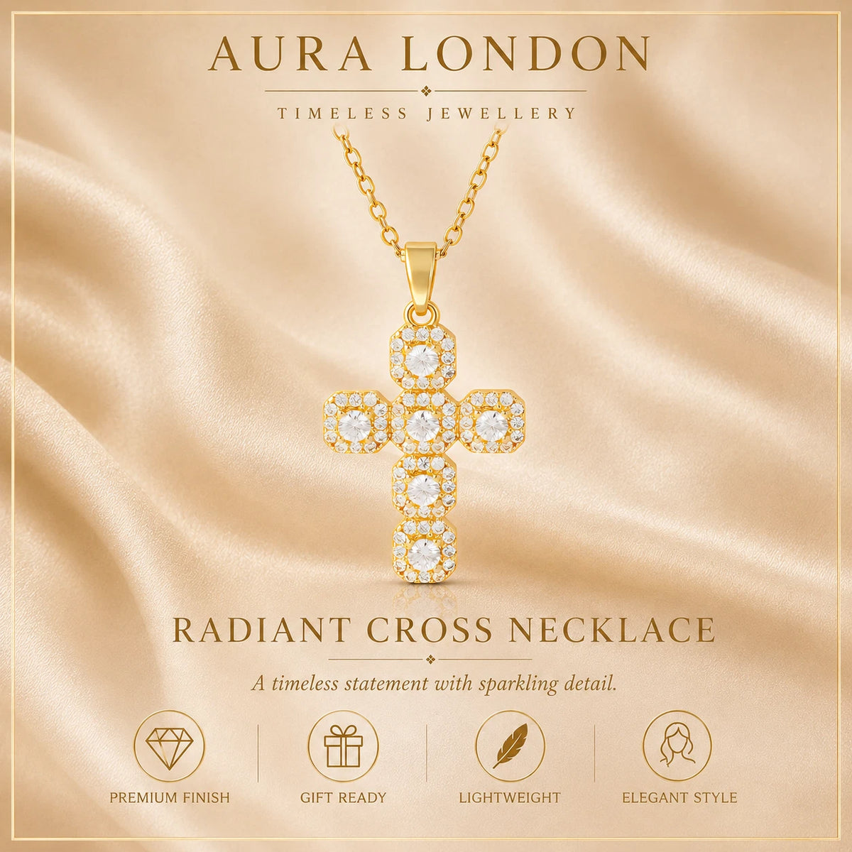 18K GOLD PLATED TITANIUM STEEL CROSS CZ PENDANT NECKLACE PVD WATERPROOF GIFT UK