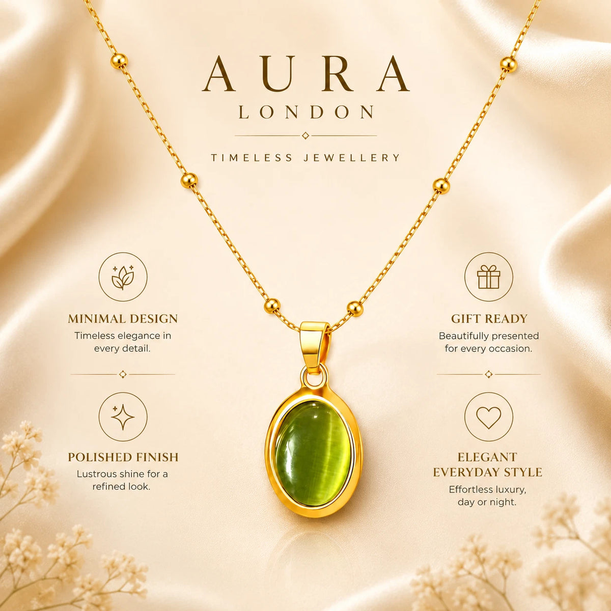 18K GOLD PLATED STAINLESS STEEL LADIES GREEN OVAL PENDANT NECKLACE WATERPROOF UK