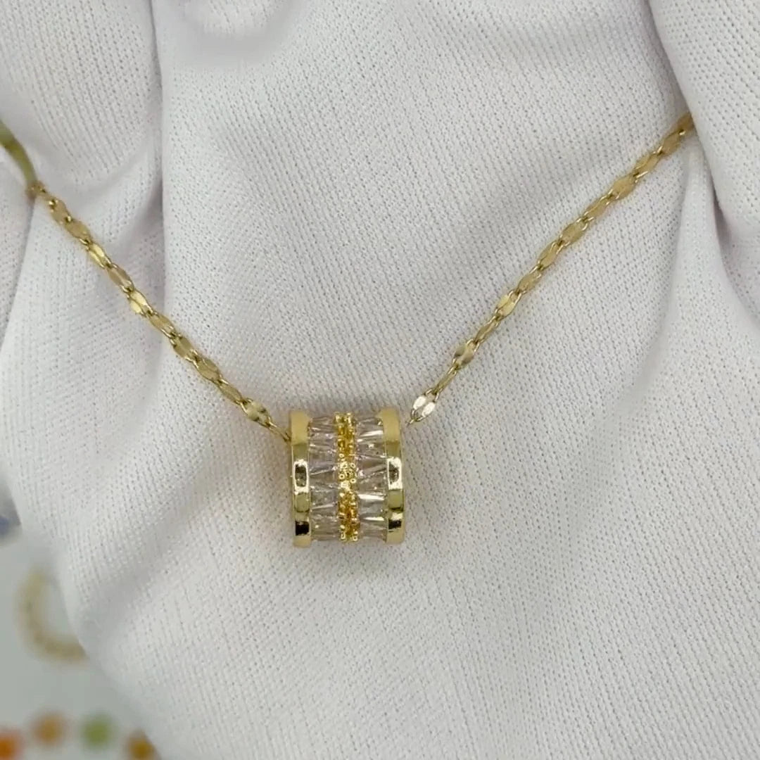 18K GOLD PLATED CRYSTAL ROMAN NUMERAL BARREL PENDANT NECKLACE LADIES WOMAN GIFT