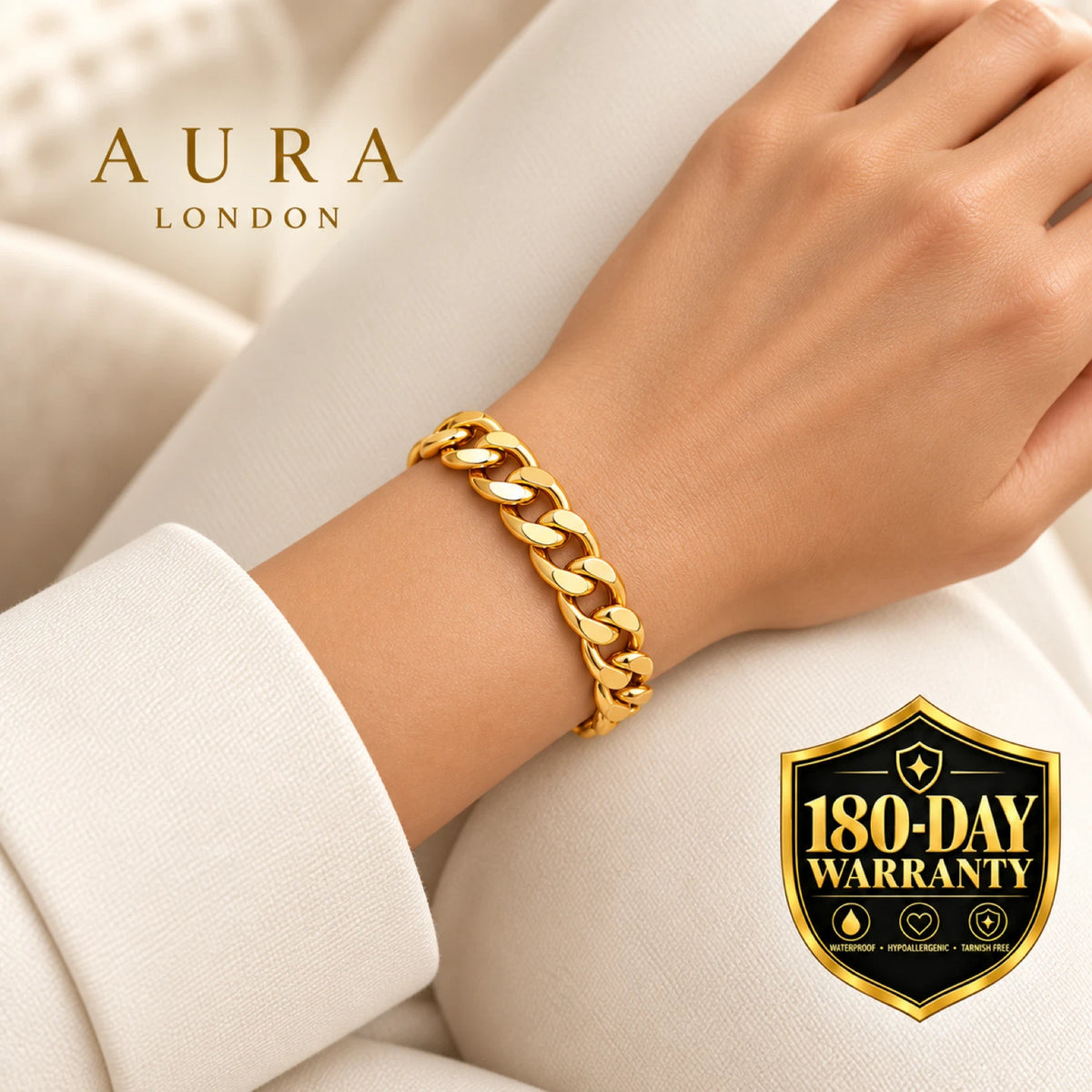 18K GOLD PLATED TITANIUM STEEL CHUNKY CURB CHAIN BRACELET WATERPROOF LADIES GIFT