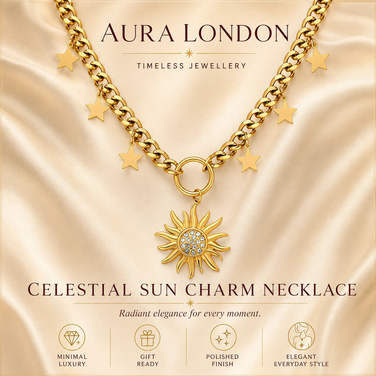 18K GOLD PLATED TITANIUM STEEL LADIES SUN STAR CZ NECKLACE CELESTIAL WATERPROOF