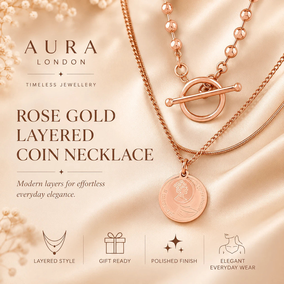 18K GOLD PLATED TITANIUM STEEL TRIPLE LAYER ROSE GOLD COIN NECKLACE WATERPROOF