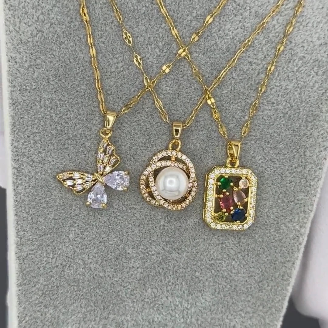 18K GOLD PLATED TITANIUM STEEL BUTTERFLY CZ PENDANT NECKLACE PVD WATERPROOF UK