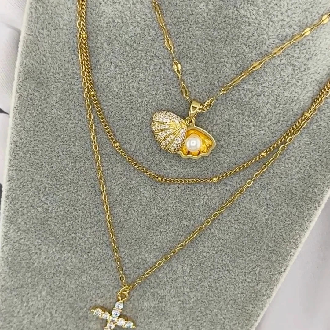 18K GOLD PLATED TITANIUM STEEL LADIES PEARL SHELL CZ NECKLACE WATERPROOF GIFT UK
