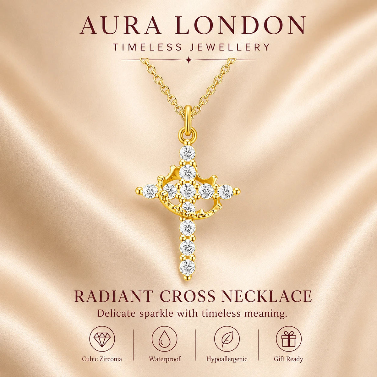 18K GOLD PLATED TITANIUM STEEL CROSS CZ NECKLACE PVD GOLD PLATED WATERPROOF GIFT