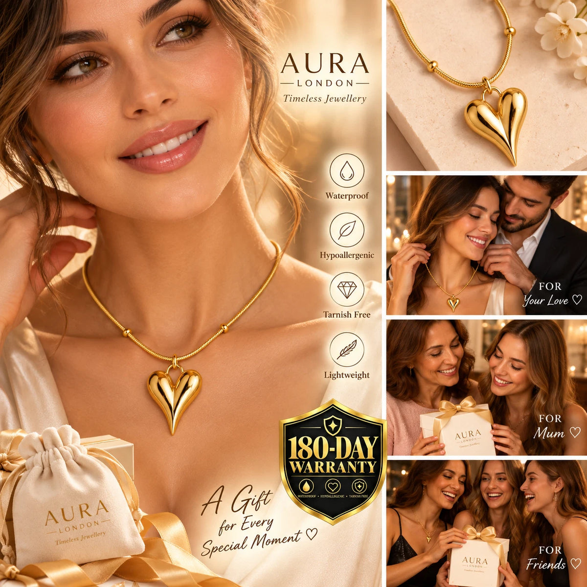 18K GOLD PLATED TITANIUM STEEL HEART NECKLACE PVD WATERPROOF GIFT GIRL HER UK