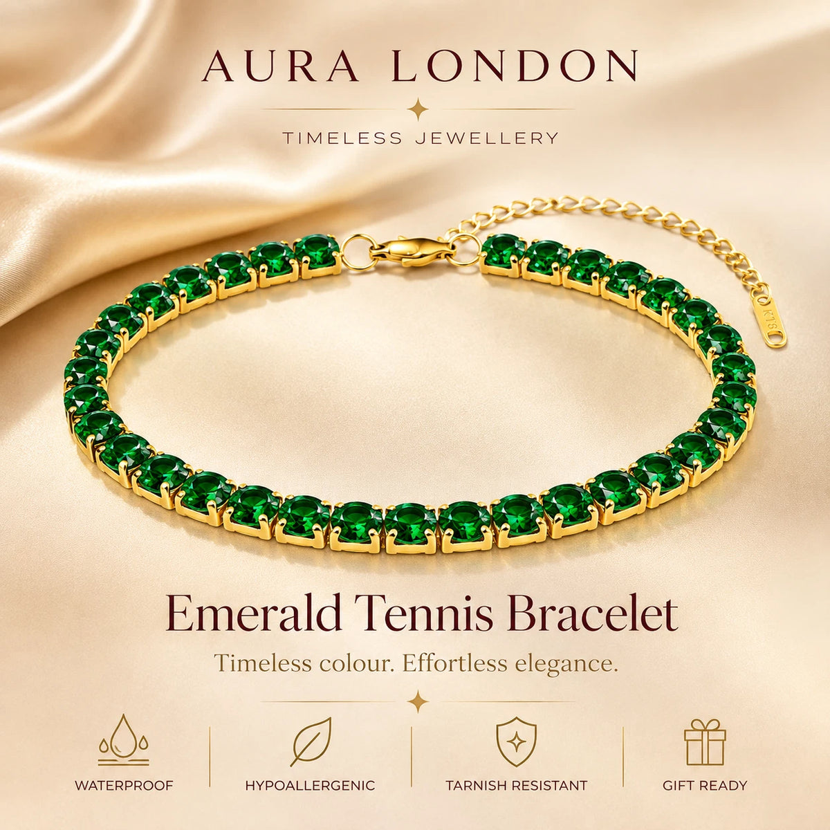 18K GOLD PLATED TITANIUM STEEL LADIES GREEN CZ TENNIS BRACELET ADJUSTABLE GIFT