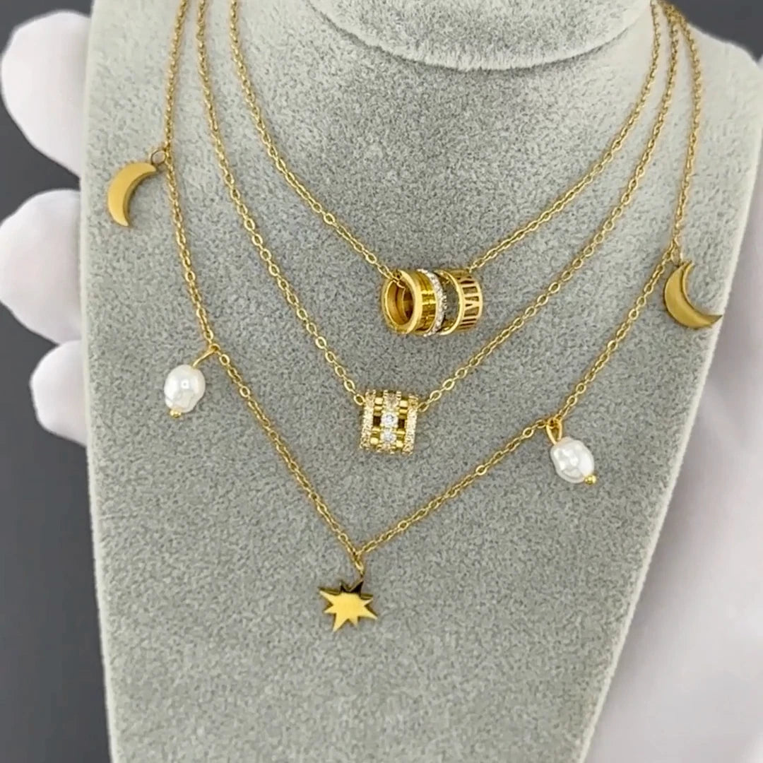 18K GOLD PLATED STAINLESS STEEL ROMAN NUMERAL CZ PENDANT NECKLACE LADIES GIFT UK