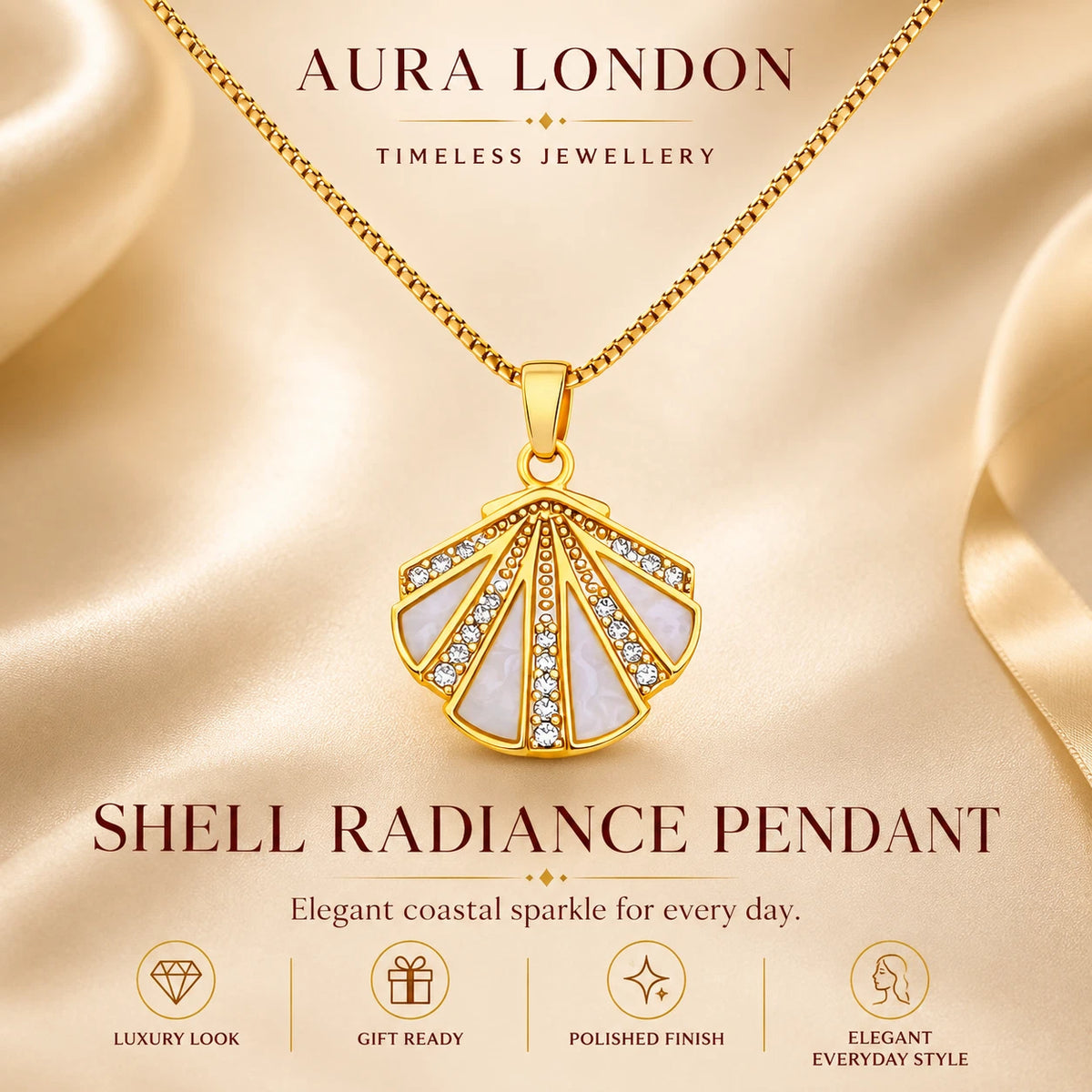18K GOLD PLATED TITANIUM STEEL LADIES SHELL CZ PENDANT NECKLACE WATERPROOF GIFT