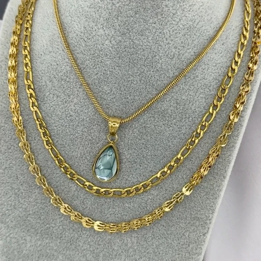 18K GOLD PLATED TITANIUM STEEL LADIES BLUE TEARDROP PENDANT NECKLACE WATERPROOF