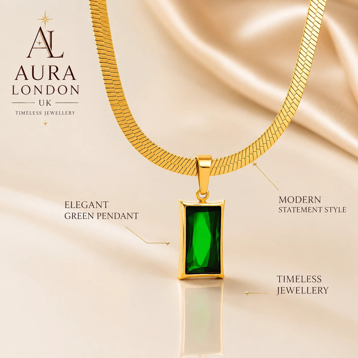 18K GOLD PLATED TITANIUM STEEL GREEN CZ PENDANT NECKLACE WATERPROOF LADIES UK