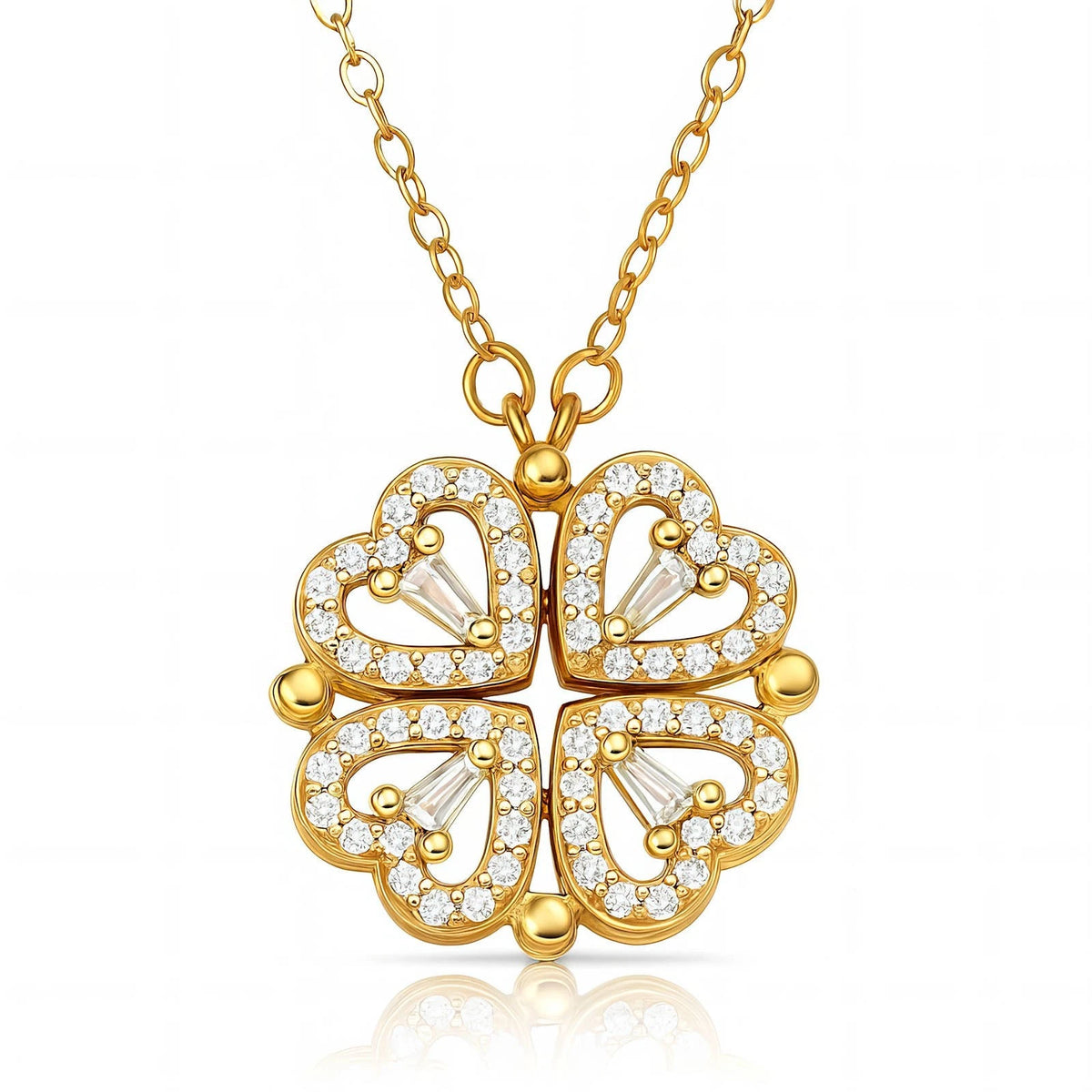 18K GOLD PLATED TITANIUM STEEL OPENABLE CLOVER HEART CZ NECKLACE WATERPROOF GIFT