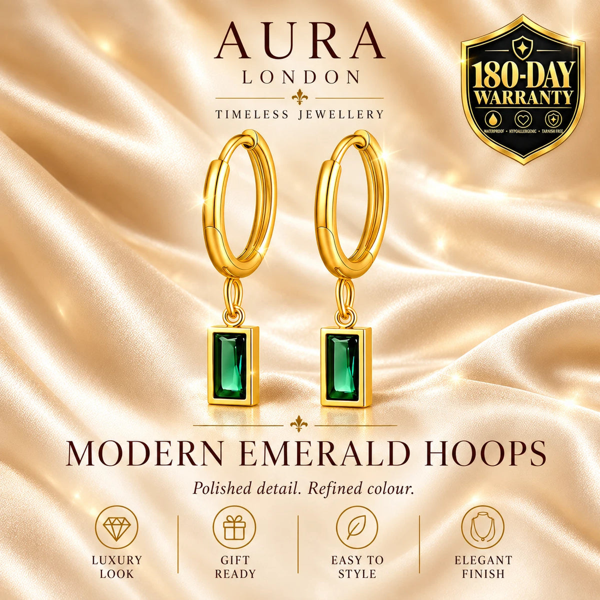 18K GOLD PLATED TITANIUM STEEL LADIES GREEN CZ DROP HOOP EARRINGS WATERPROOF UK
