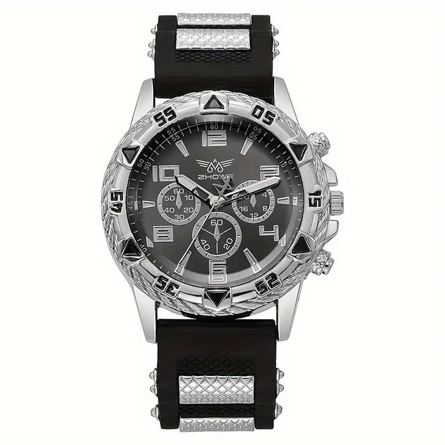 MEN'S FASHION BUSINESS WATCH CHUNKY BEZEL,QUARTZ,WHITE GOLD BLACK SILVER, UK